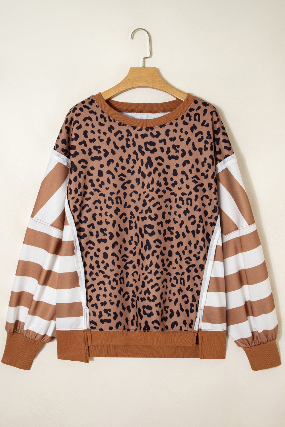 Leopard Stripe Patchwork Loose Sweatshirt | Khaki | 1X–4X
