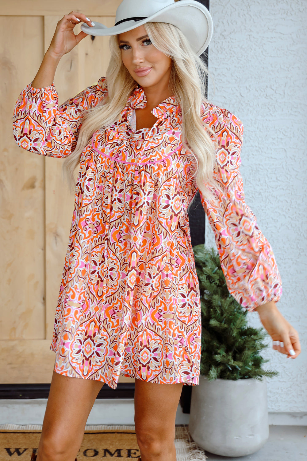 Khaki Abstract Print Long Sleeve Tied Neckline Puff Sleeve Mini Dress