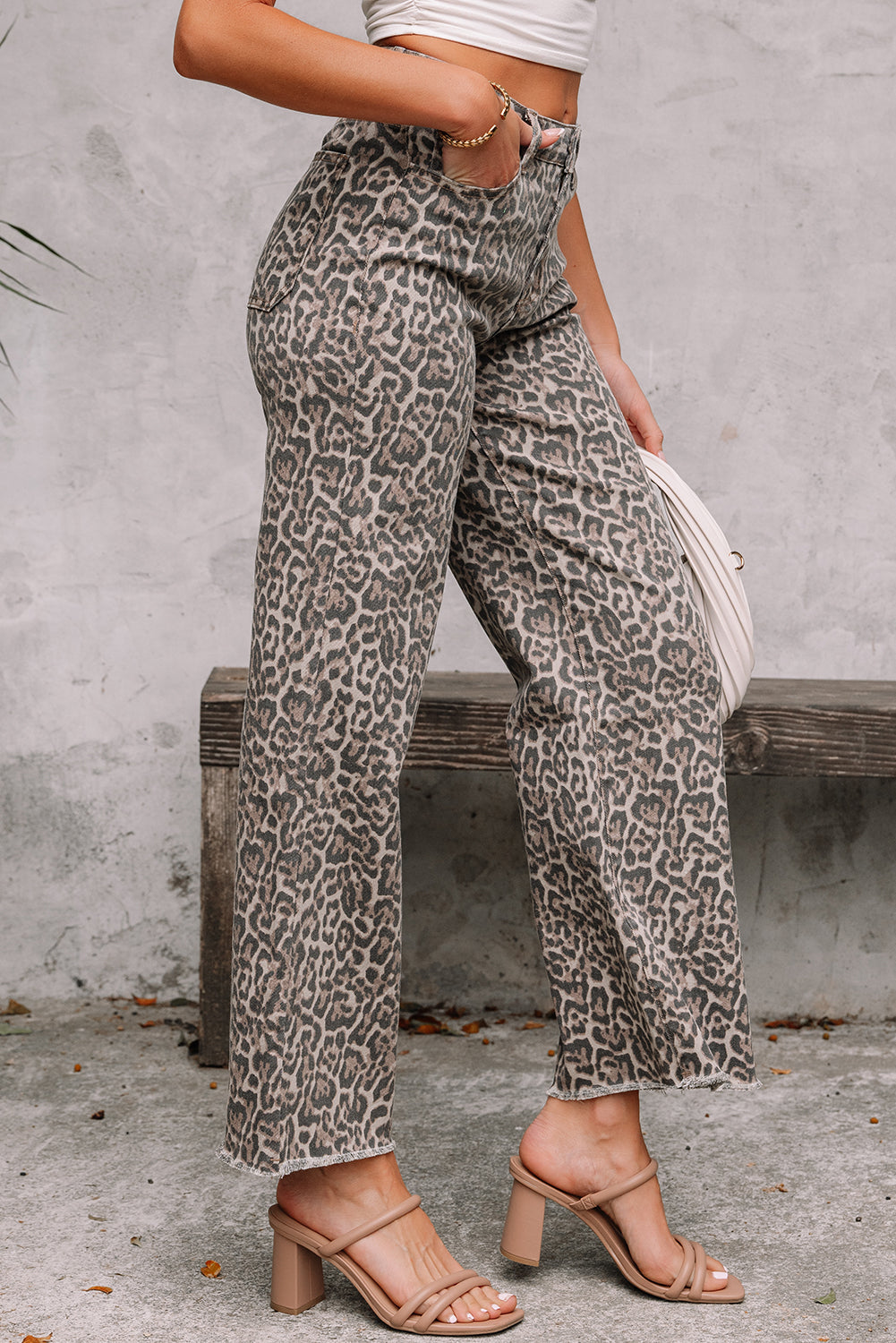 Leopard Print Wide-Leg High-Waist Jeans with Frayed Hem | Grey, Dark Grey & Brown