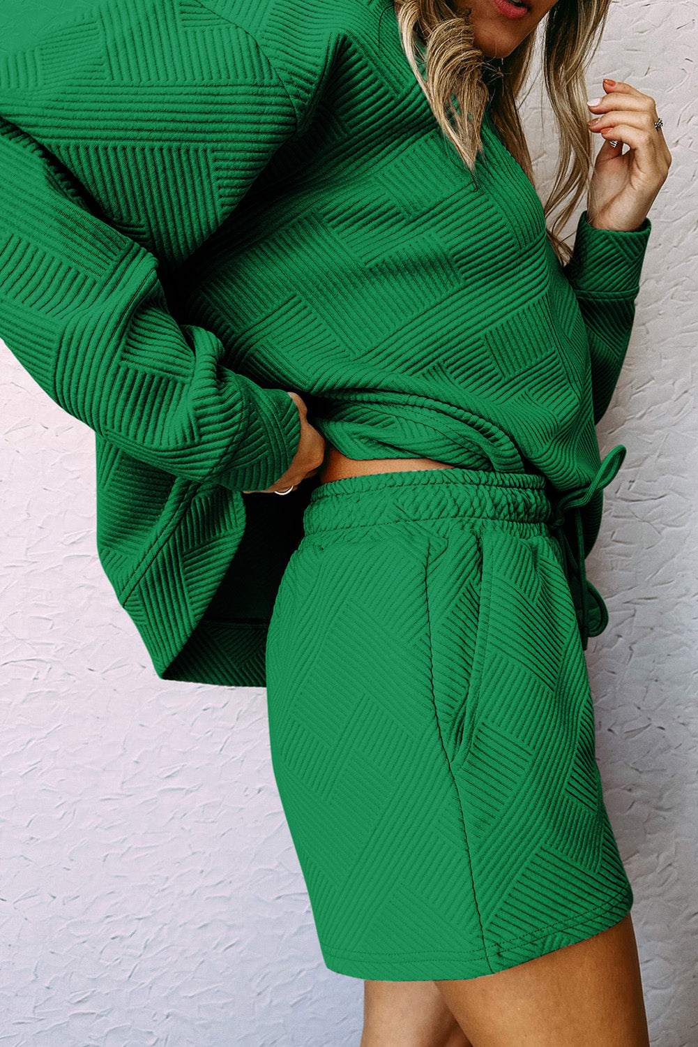 Green Black Textured Long Sleeve Top Drawstring Shorts Set