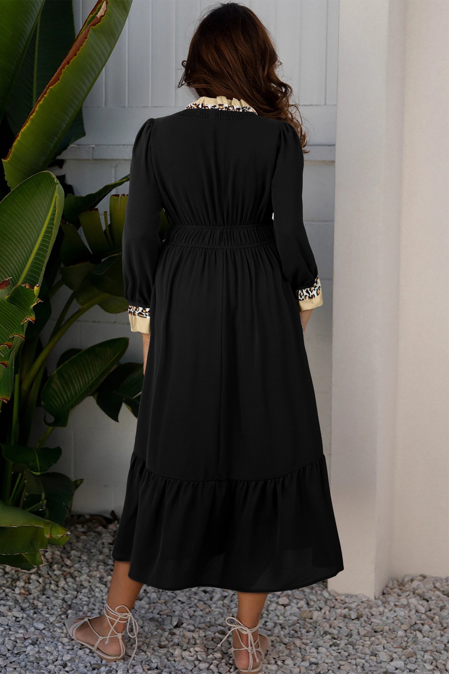 Leopard Frilled Trim V-Neck Bracelet Sleeve Midi Dress | Black | S–XL