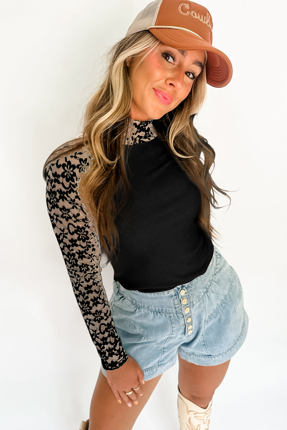 Floral Lace Patchwork High Neck Long Sleeve Slim Top | Black