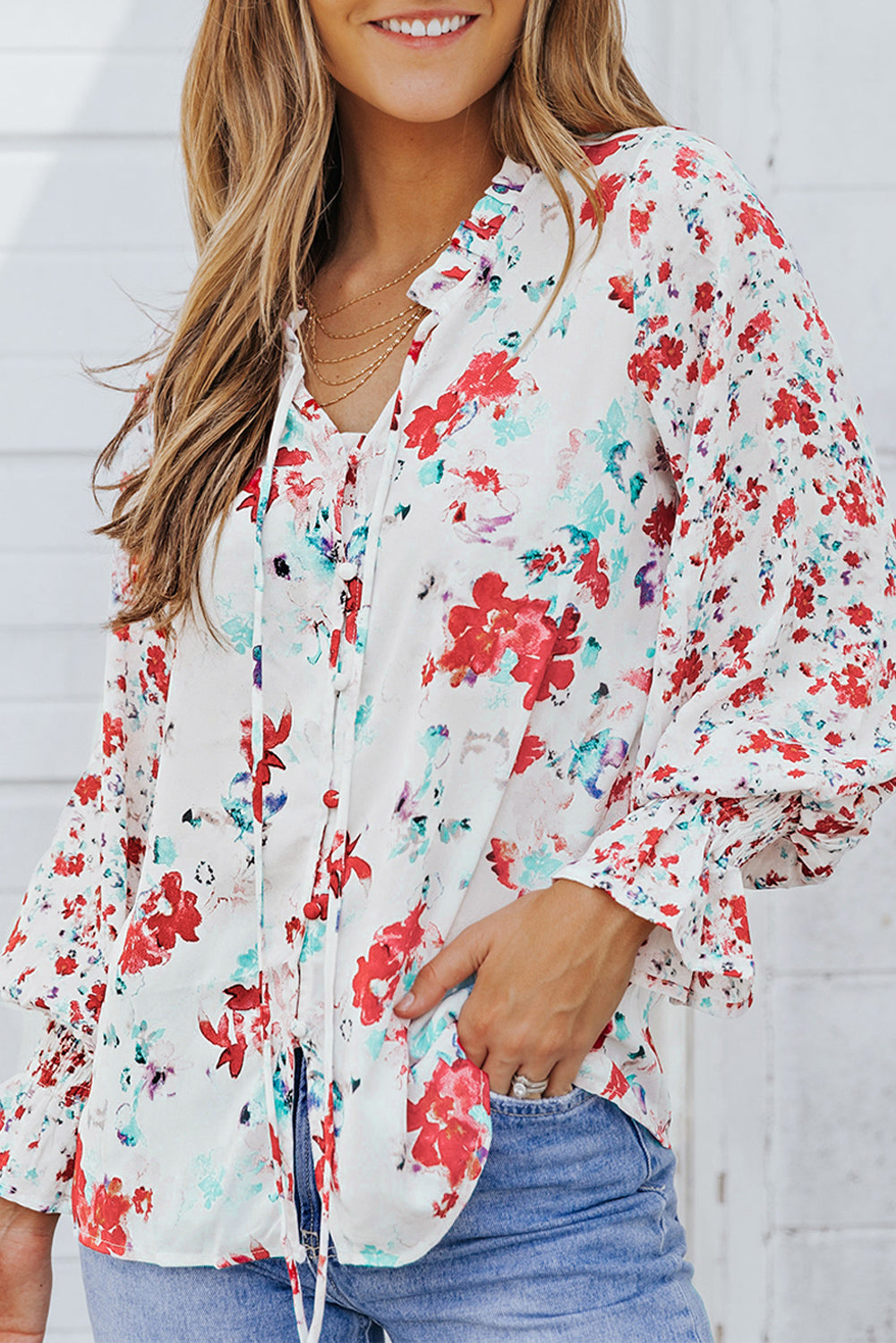 Floral Smocked Sleeve Ruffle Neck Blouse.  S-2x