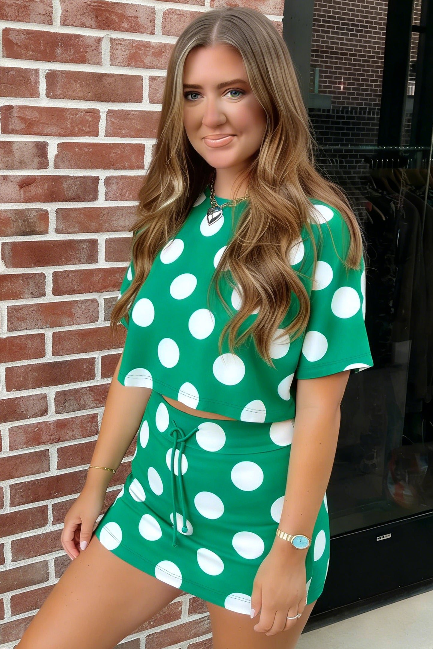 Green Polka Dot Crop Top and Bodycon Skort Set Women S–XL
