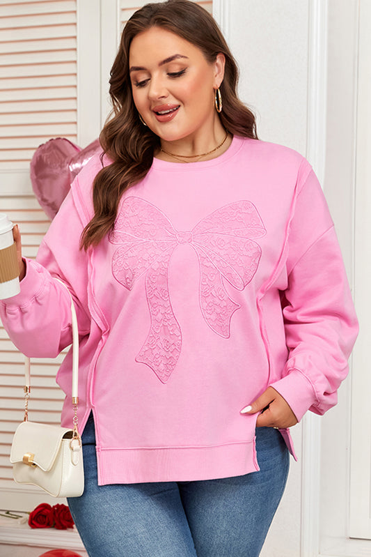 Lace Bow Dolman Sleeve Side Slit Ribbed Sweatshirt | Plus Size | Pink | 1X–4X