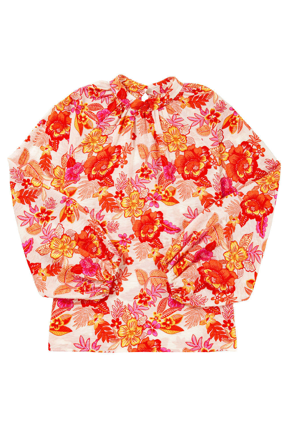 Floral Print Puff Sleeve Blouse with Pearl Button Keyhole | Orange