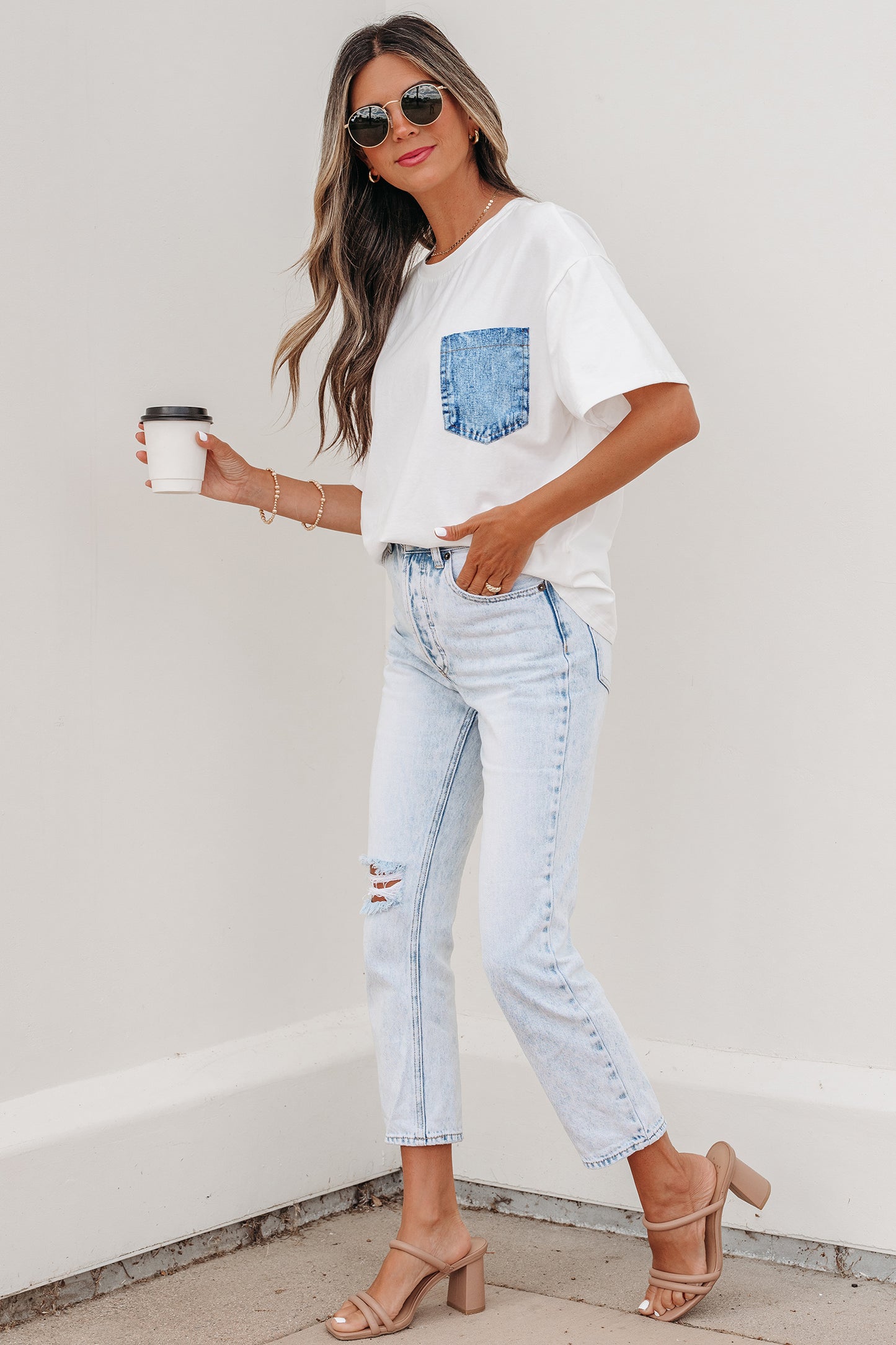 Color Block Short-Sleeve Top with Printed Patch Pocket | Sail Blue & White