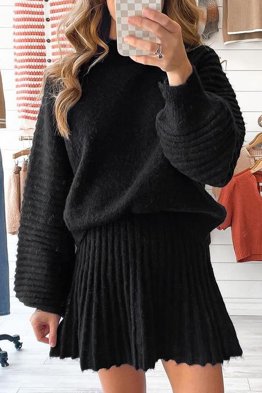 Black & Tan High Neck Puff Sleeve Sweater Pleated Mini Skirt 2-Piece Knit Set