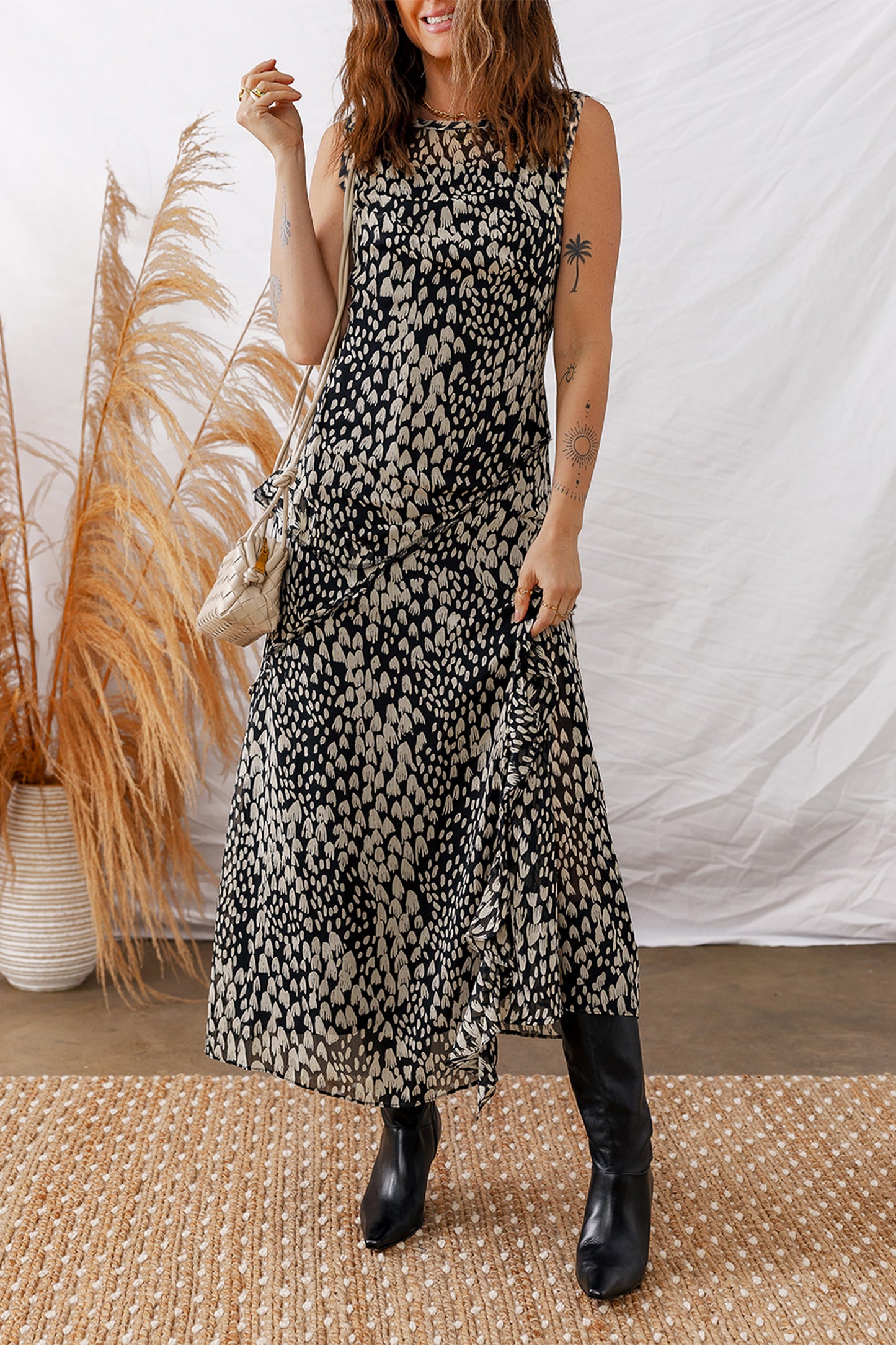 Black Graphic Print A-Line Sleeveless Maxi Dress | S–XL