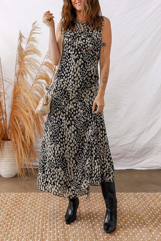 Black Graphic Print A-Line Sleeveless Maxi Dress | S–XL