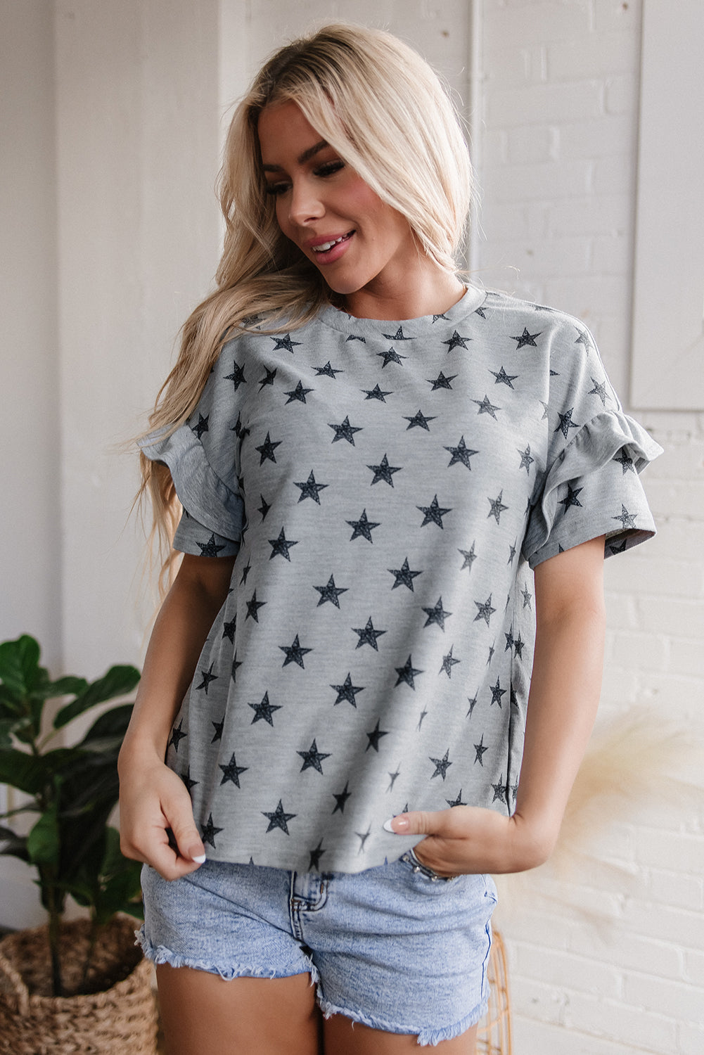 Star Print Tiered Ruffled Sleeve Crew Neck Top – Women's Whimsical Casual Tee (S–XL)