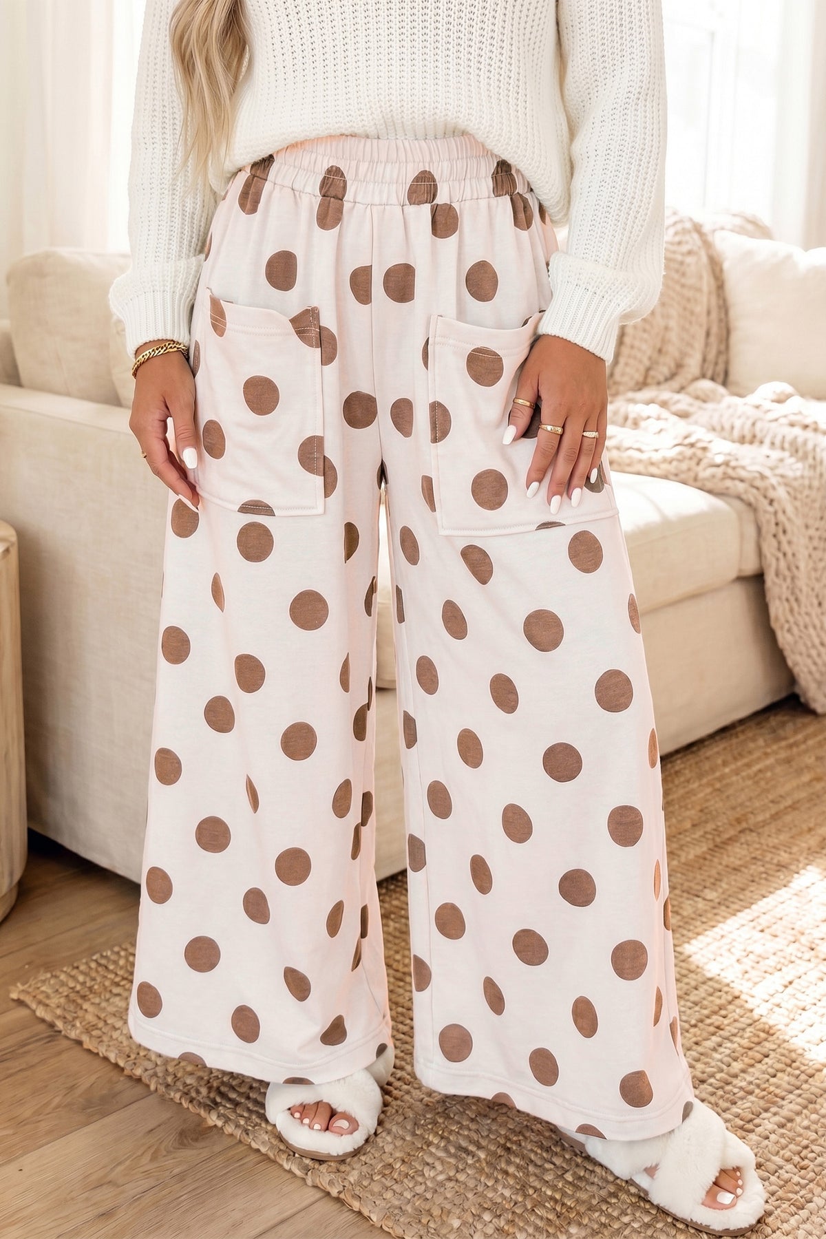 Women's Polka Dot Wide Leg Elastic Waist Pants S to XL