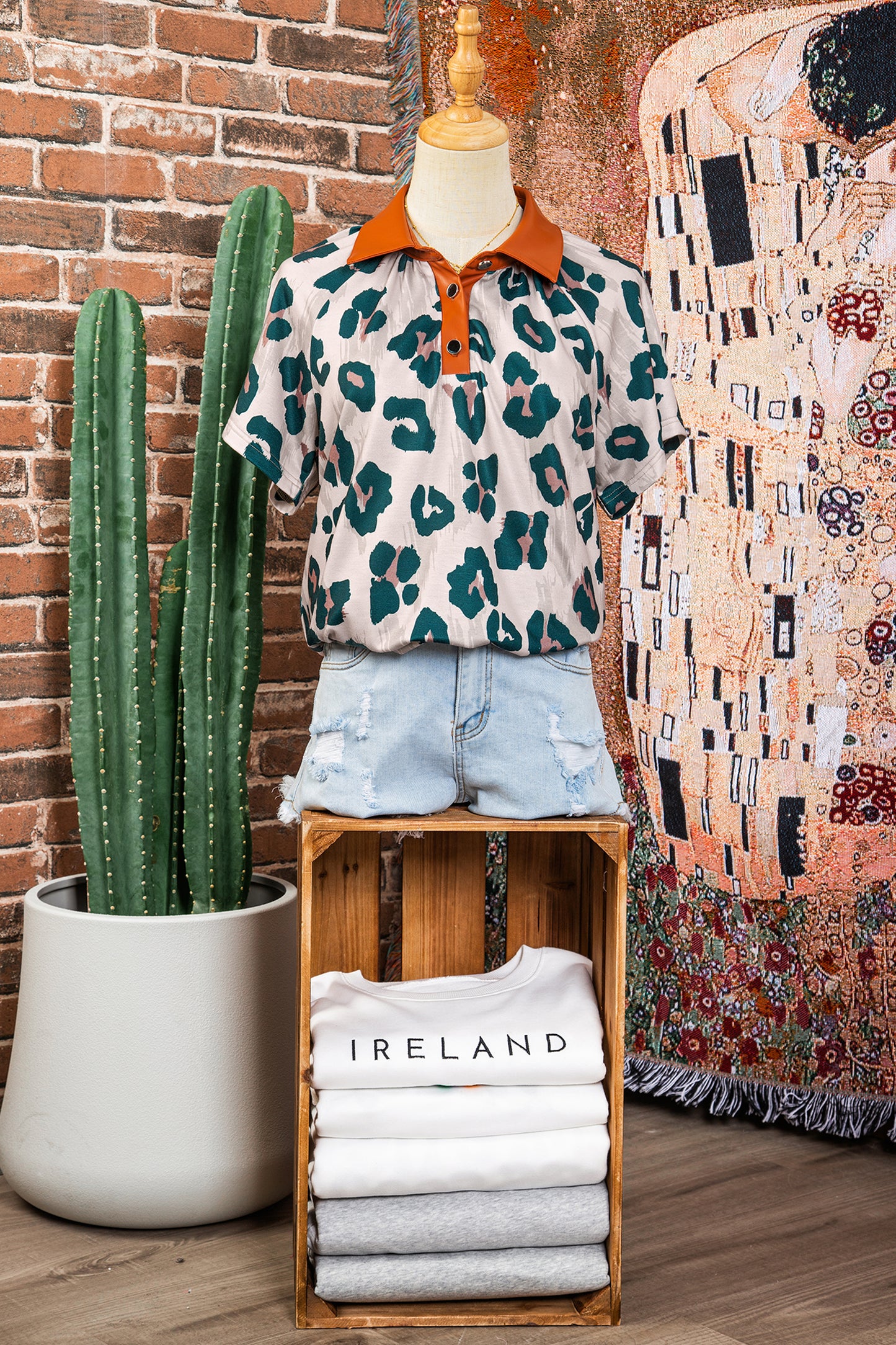Leopard Print Contrast Collar Button Short Sleeve Blouse | S–XL