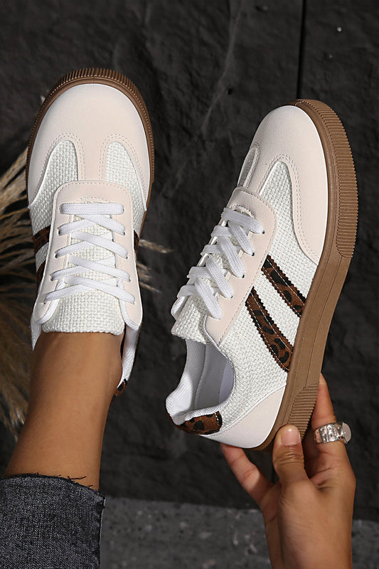 Woven Texture & Leopard Patchwork Lace-Up Flat Sneakers | White