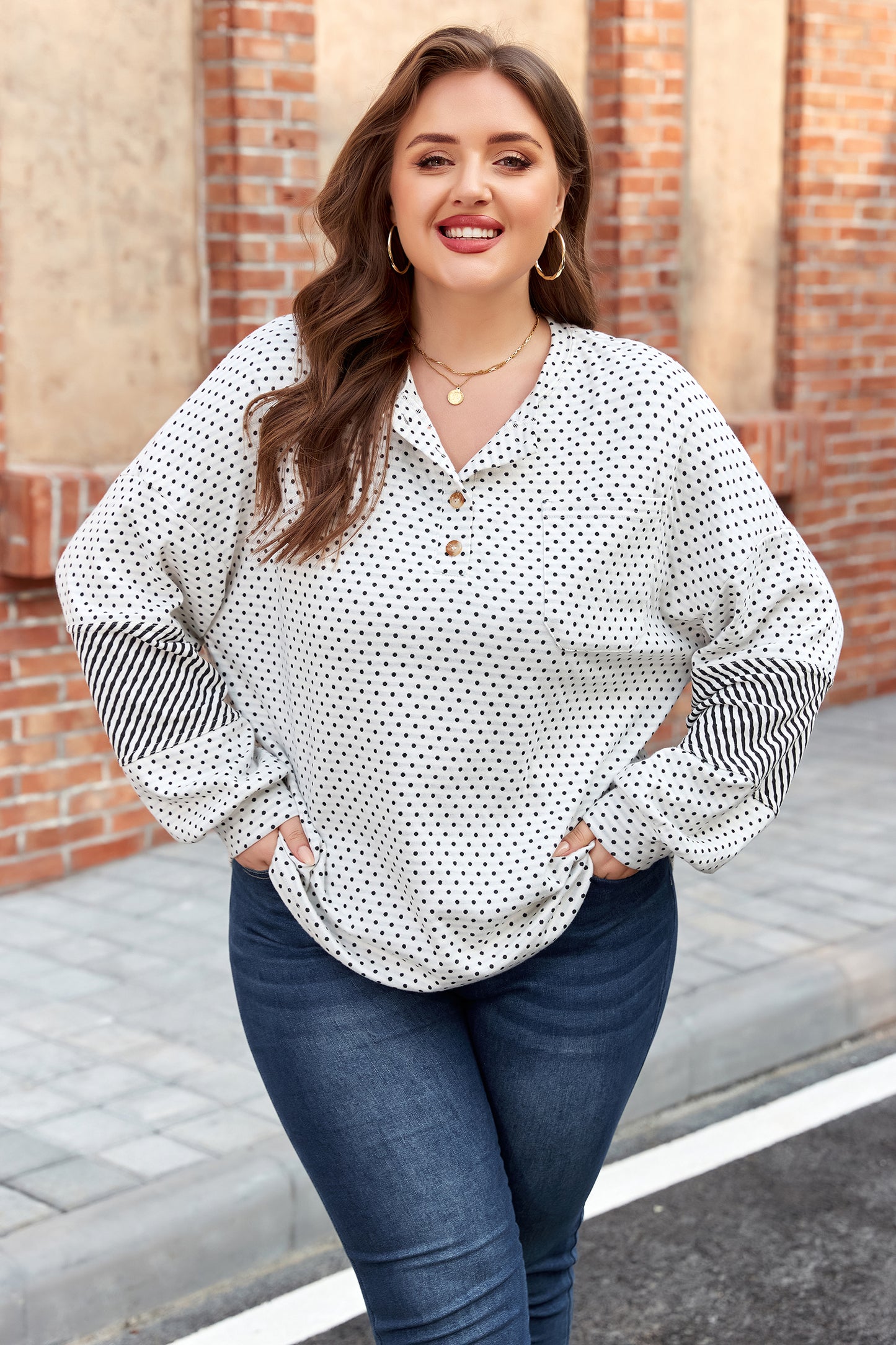 Dot & Stripe Patchwork Henley Long Sleeve Top | Beige | 1X–4X
