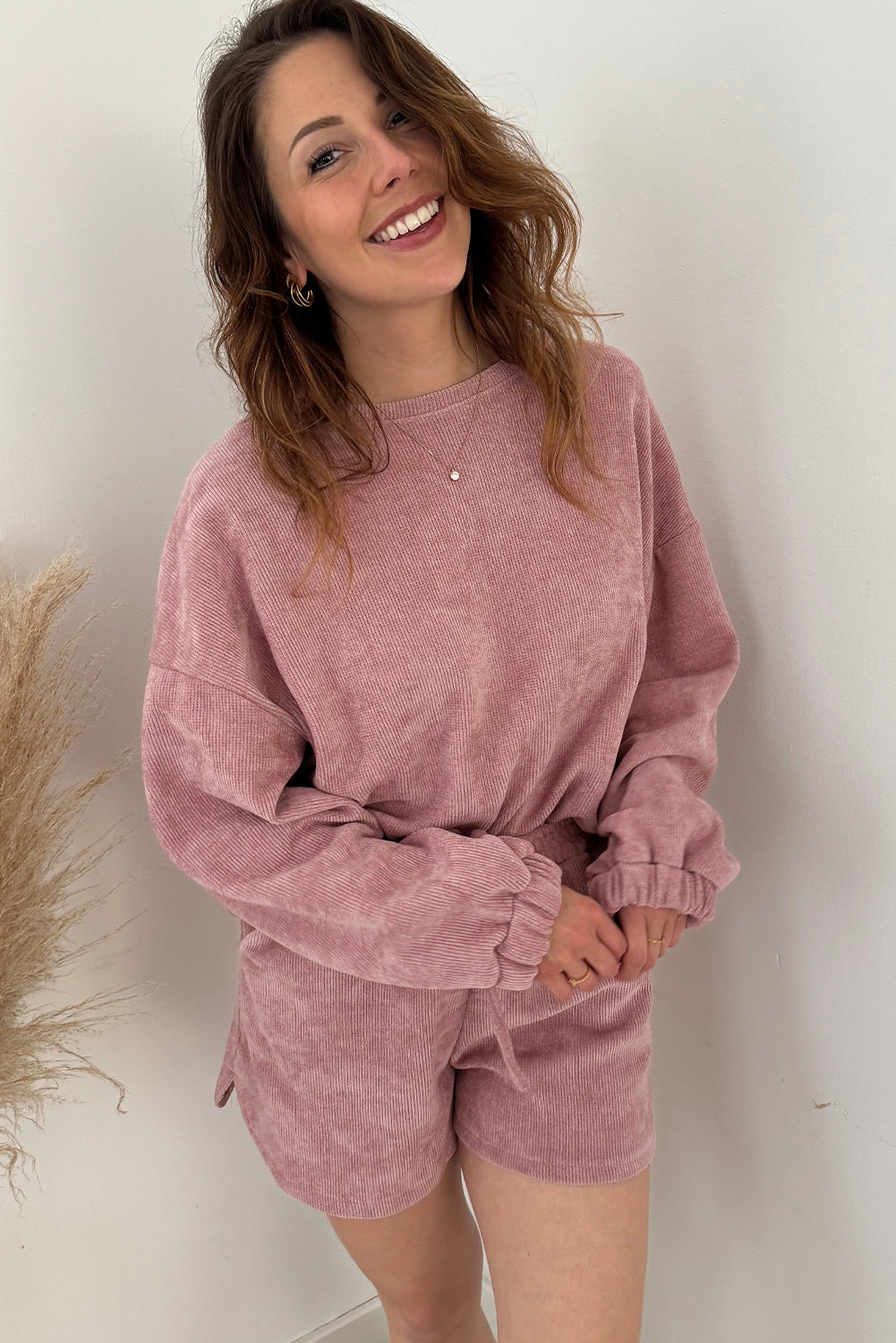 Textured Knit Drop Shoulder Pullover & Drawstring Shorts Set