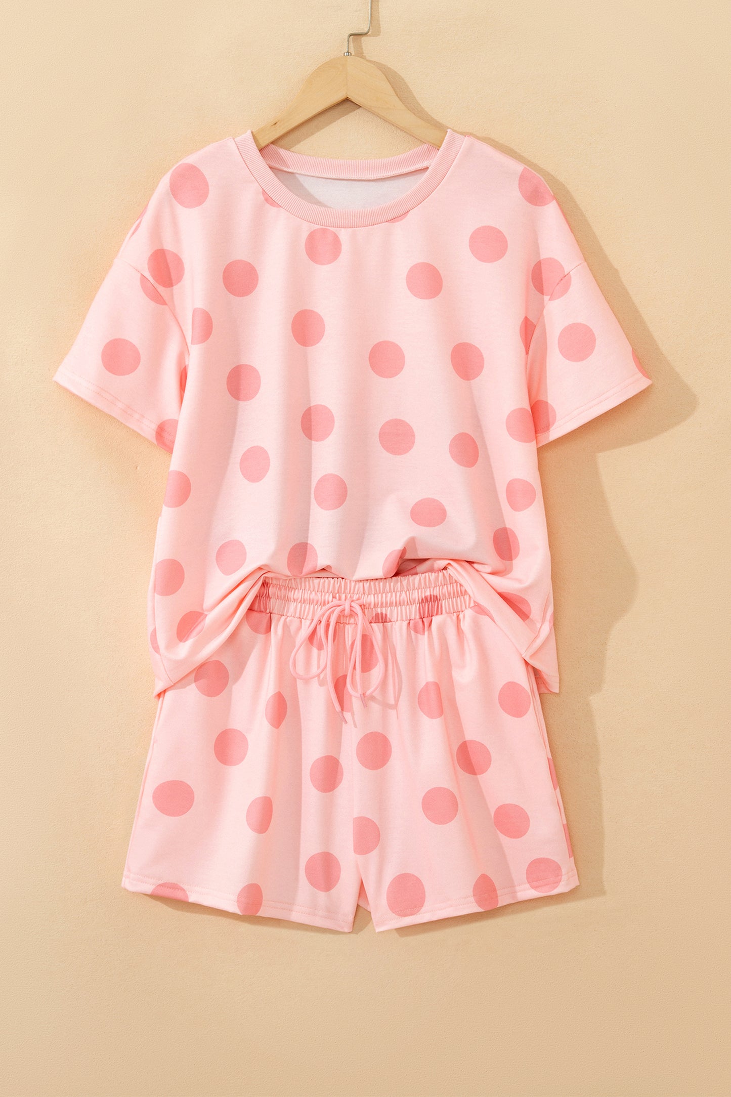 Polka Dot Drop Shoulder Tee & Drawstring Shorts Set