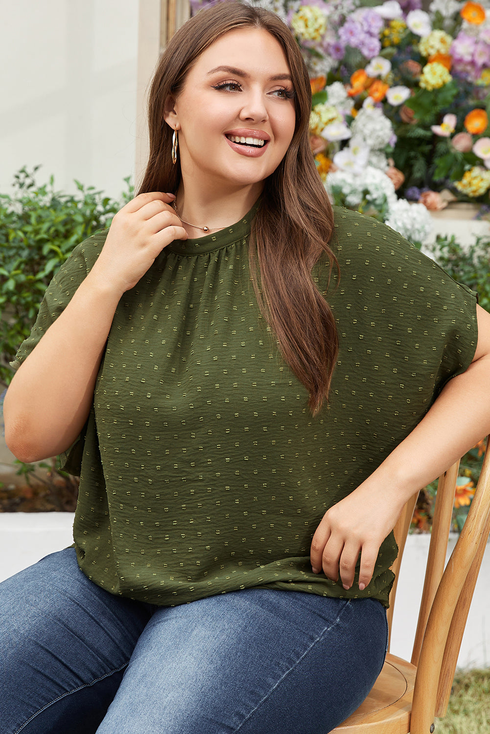 Swiss Dot Mock Neck Tied Nape Top | Plus Size | Moss Green | 1X–3X