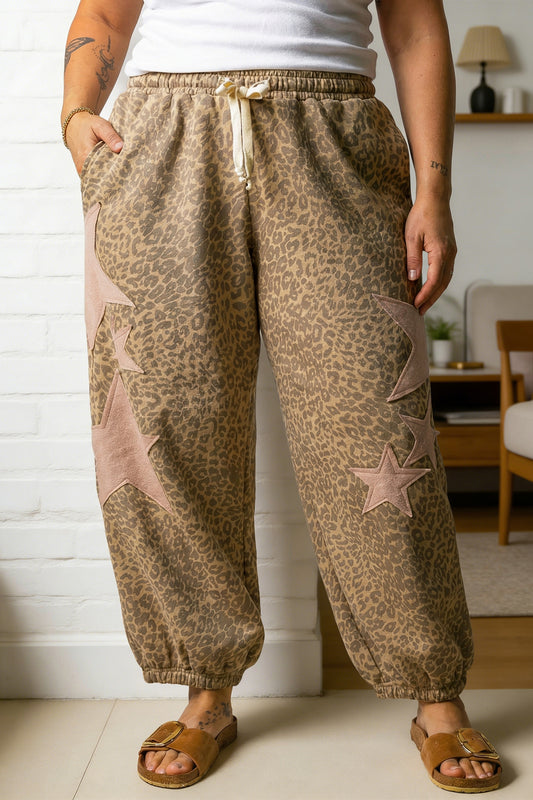 Plus Size Leopard Star Patch Jogger Pants Women 1X–4X