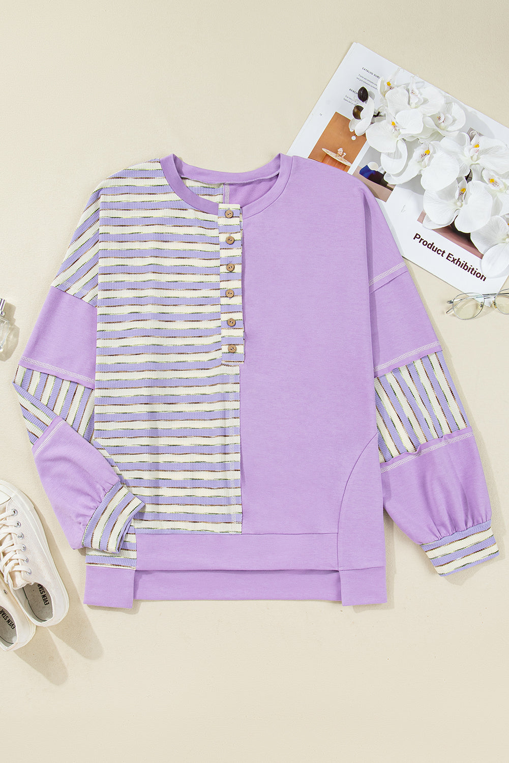 Stripe Patchwork Henley Drop Shoulder Pullover | Plus Size | Purple Stripe | 1X–4X