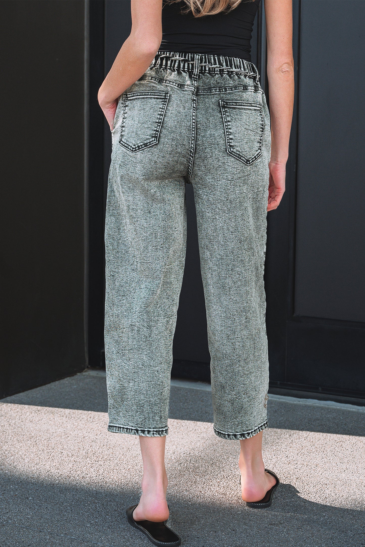 Gray Acid Wash Relaxed Fit Cropped Drawstring Denim Jeans