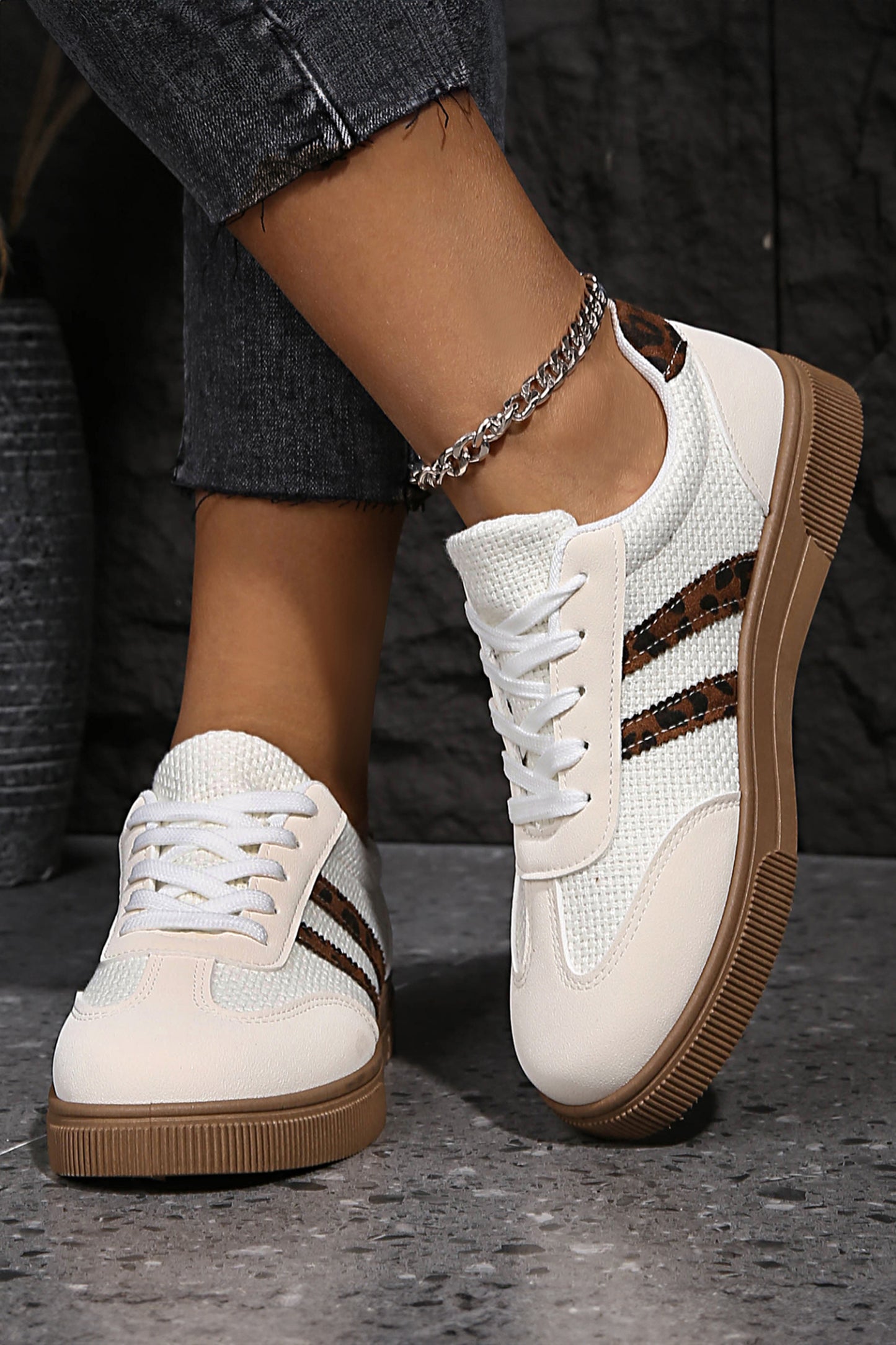 Woven Texture & Leopard Patchwork Lace-Up Flat Sneakers | White