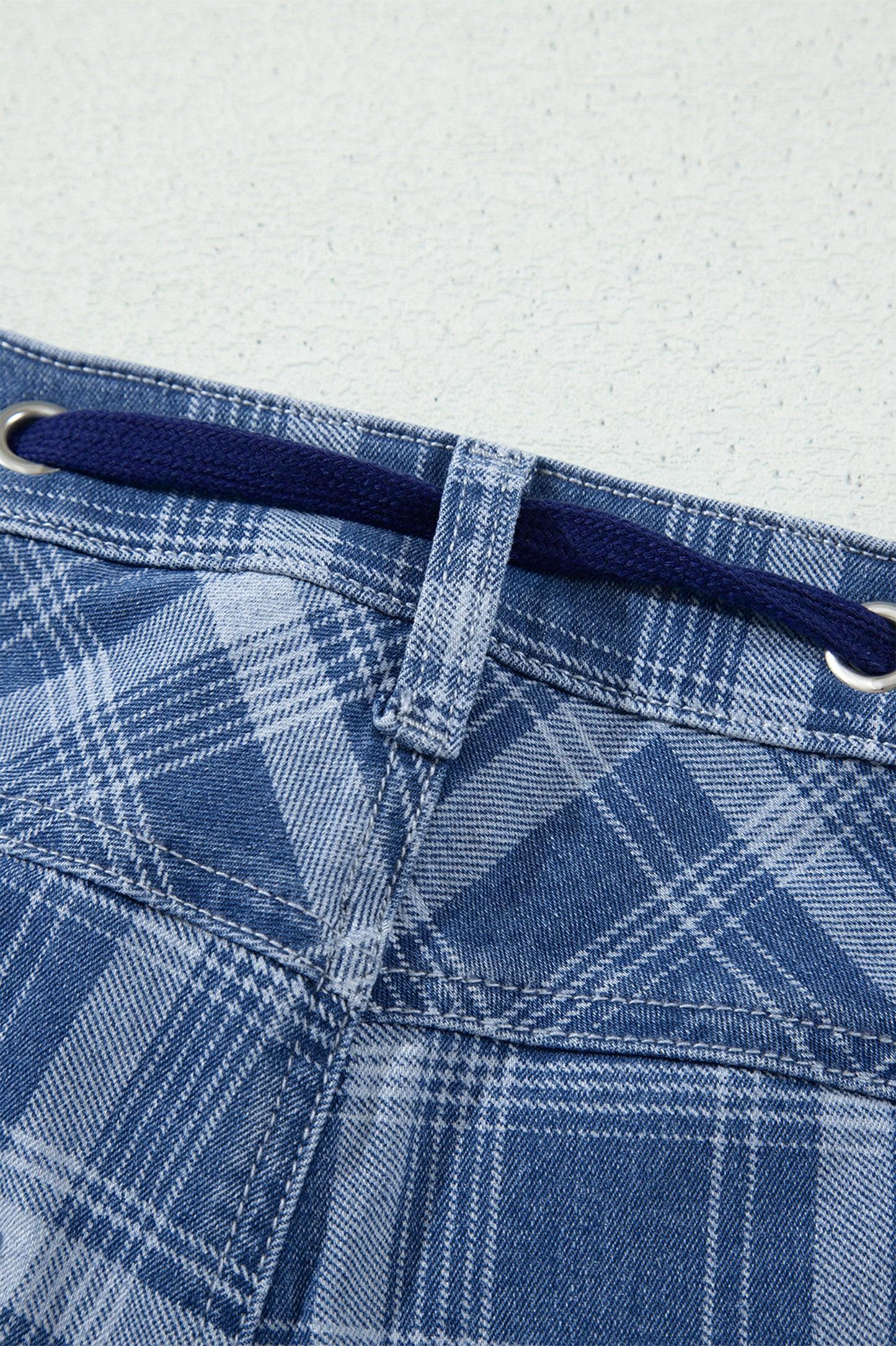 Womens Denim Plaid Drawstring Waist Ankle-Length Jeans S–XL