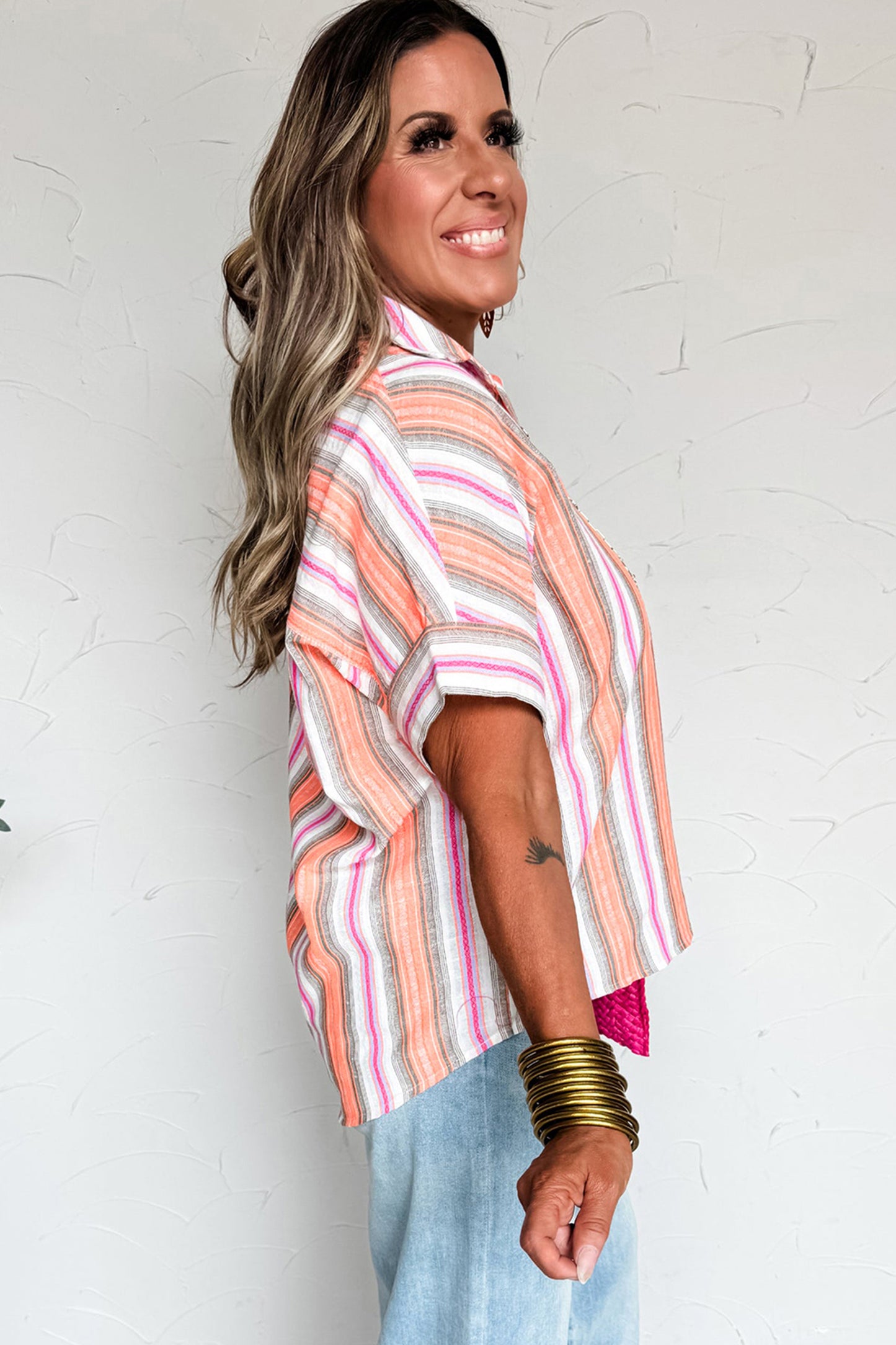 Pink Stripe Button-Up Short Sleeve Shirt