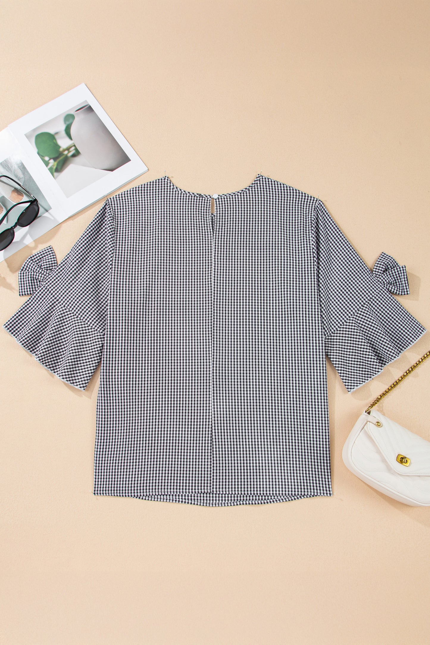 Plaid Bow Detail Bell Sleeve Blouse | Plus Size | Black | 1X–4X