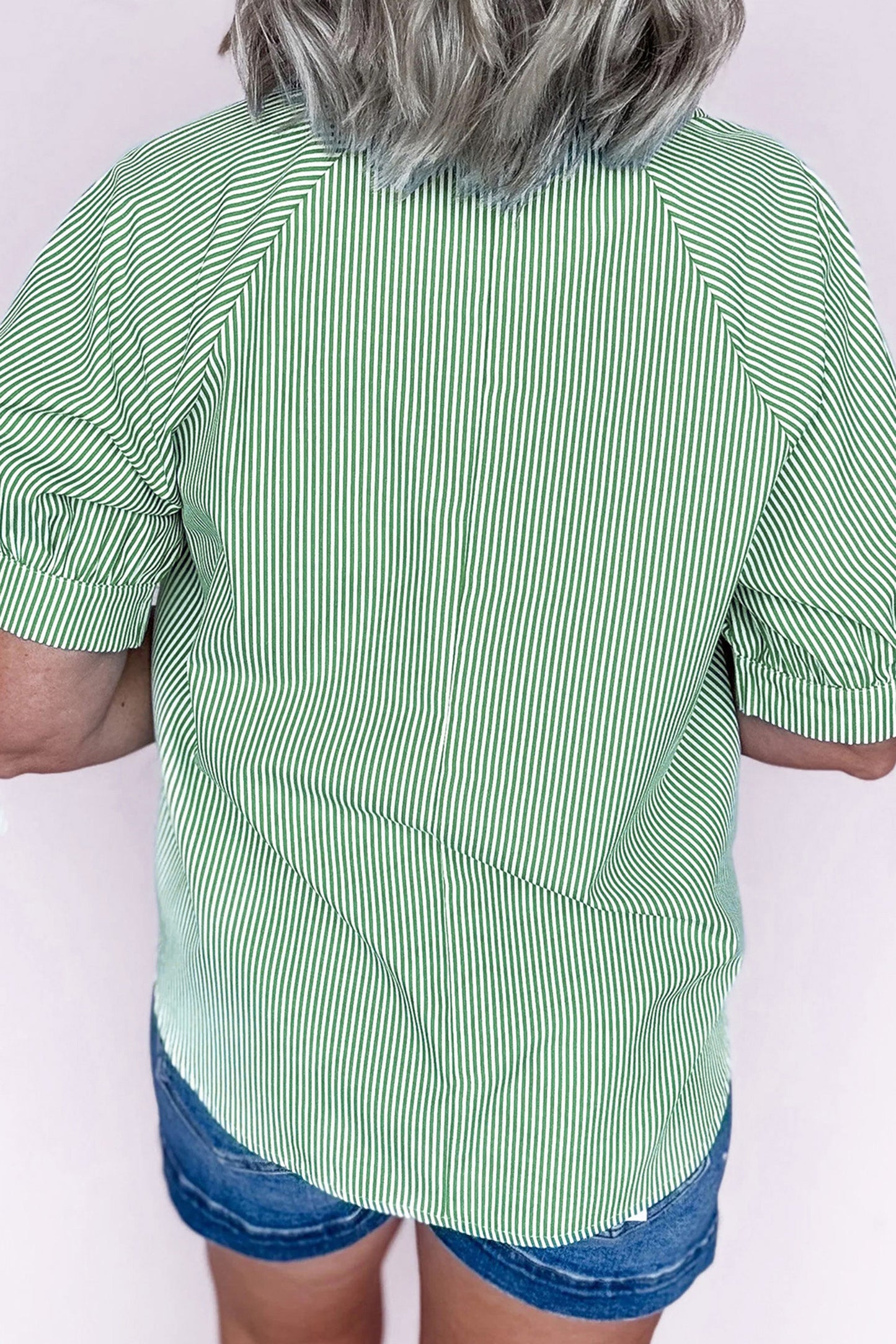 Plus Size Mint Green Striped Collar V-Neck Puff Sleeve Blouse Women 1X–4X
