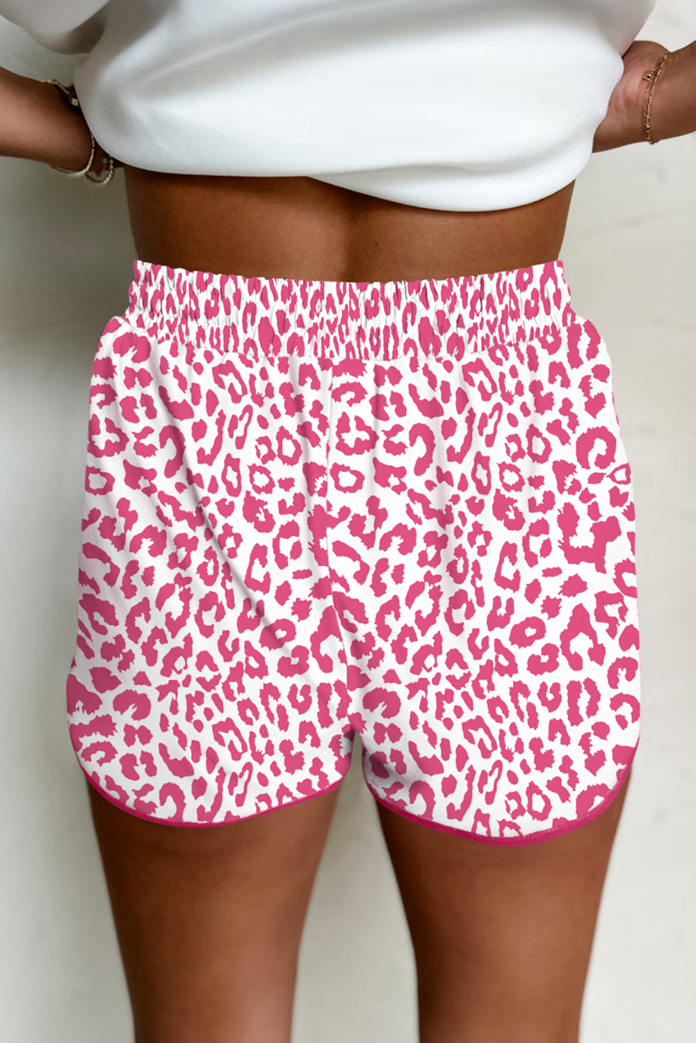 Pink Leopard Print Lace-Up Elastic Waist Contrast Trim Casual Shorts