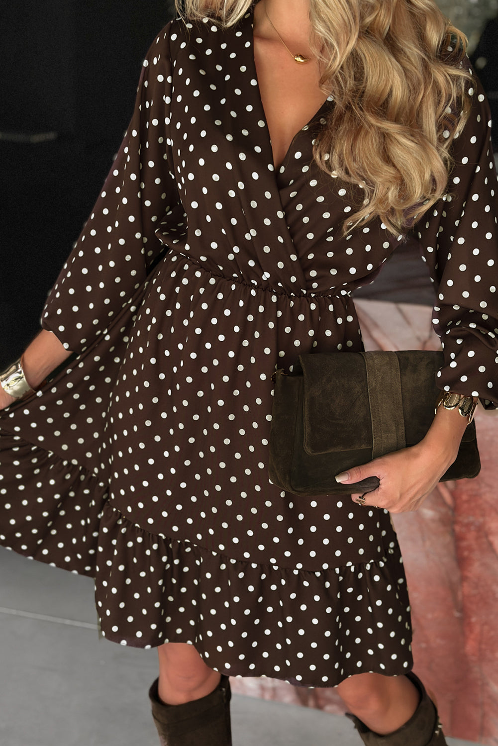 Chicory Coffee Polka Dot Long Sleeve Wrap V-Neck Ruffle Hem Mini Dress