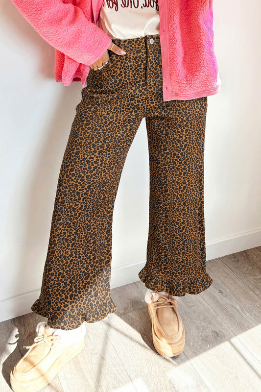 Womens Leopard Print Ruffled Hem Flare Jeans S–XL