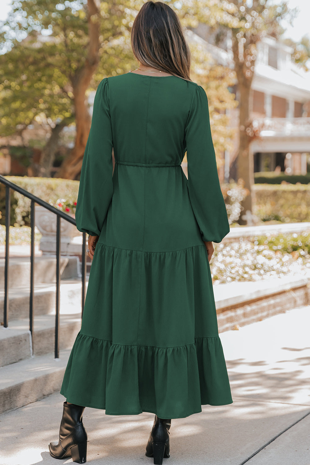 Solid Long Sleeve Button V-Neck Tiered Drawstring Waist Maxi Dress