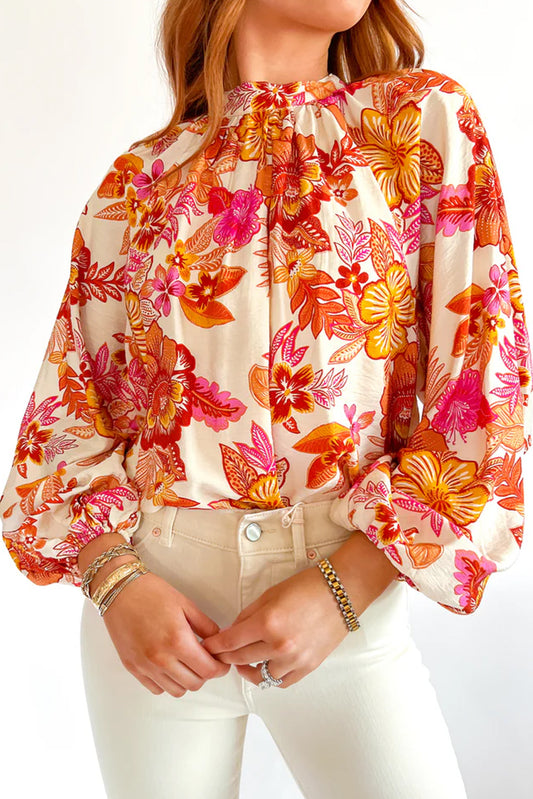 Floral Print Puff Sleeve Blouse with Pearl Button Keyhole | Orange
