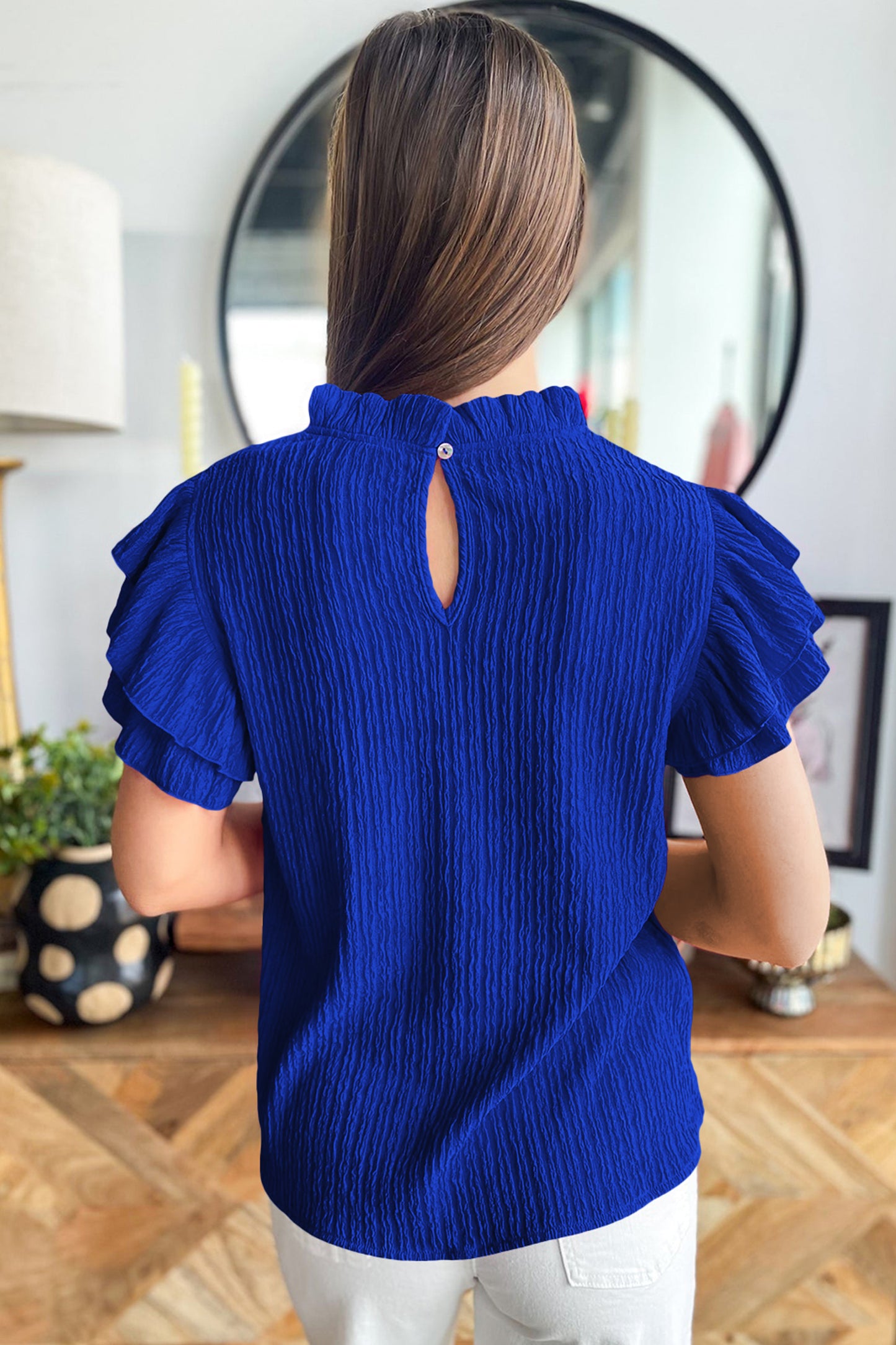 Womens Ruffle Trim Textured Blouse S–XL