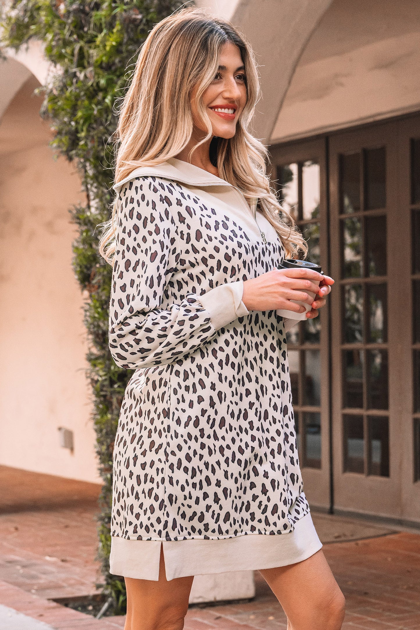 Leopard Zip Collar Patchwork Shift Mini Dress in Khaki