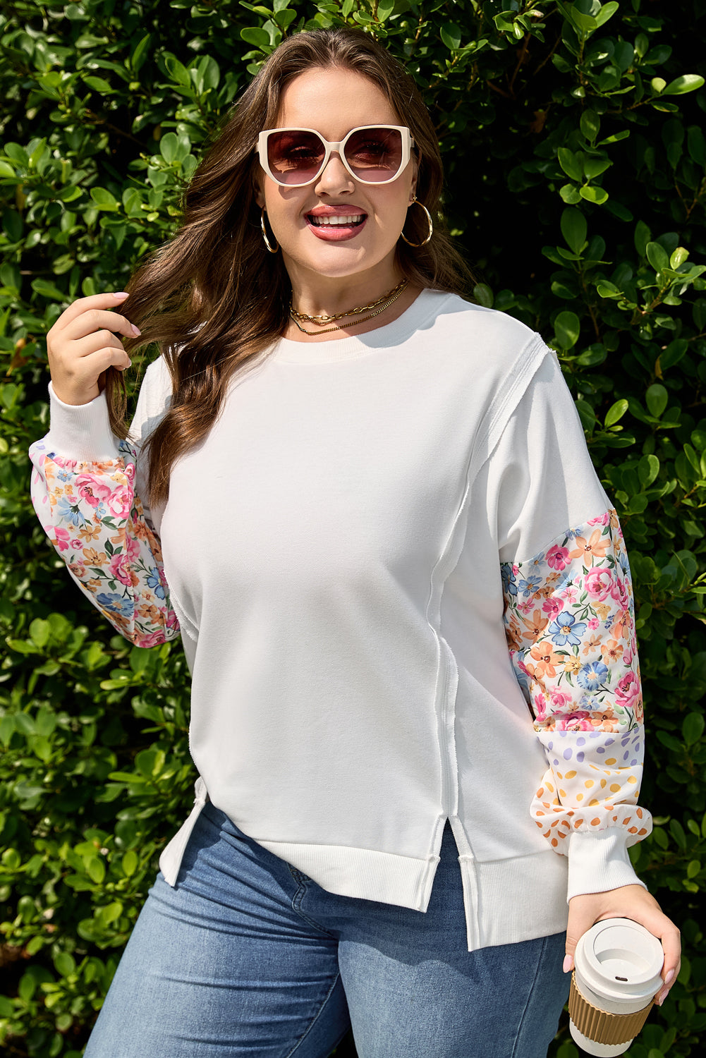 Floral Patchwork Sleeve Sweatshirt | Plus Size | White | 1X–4X