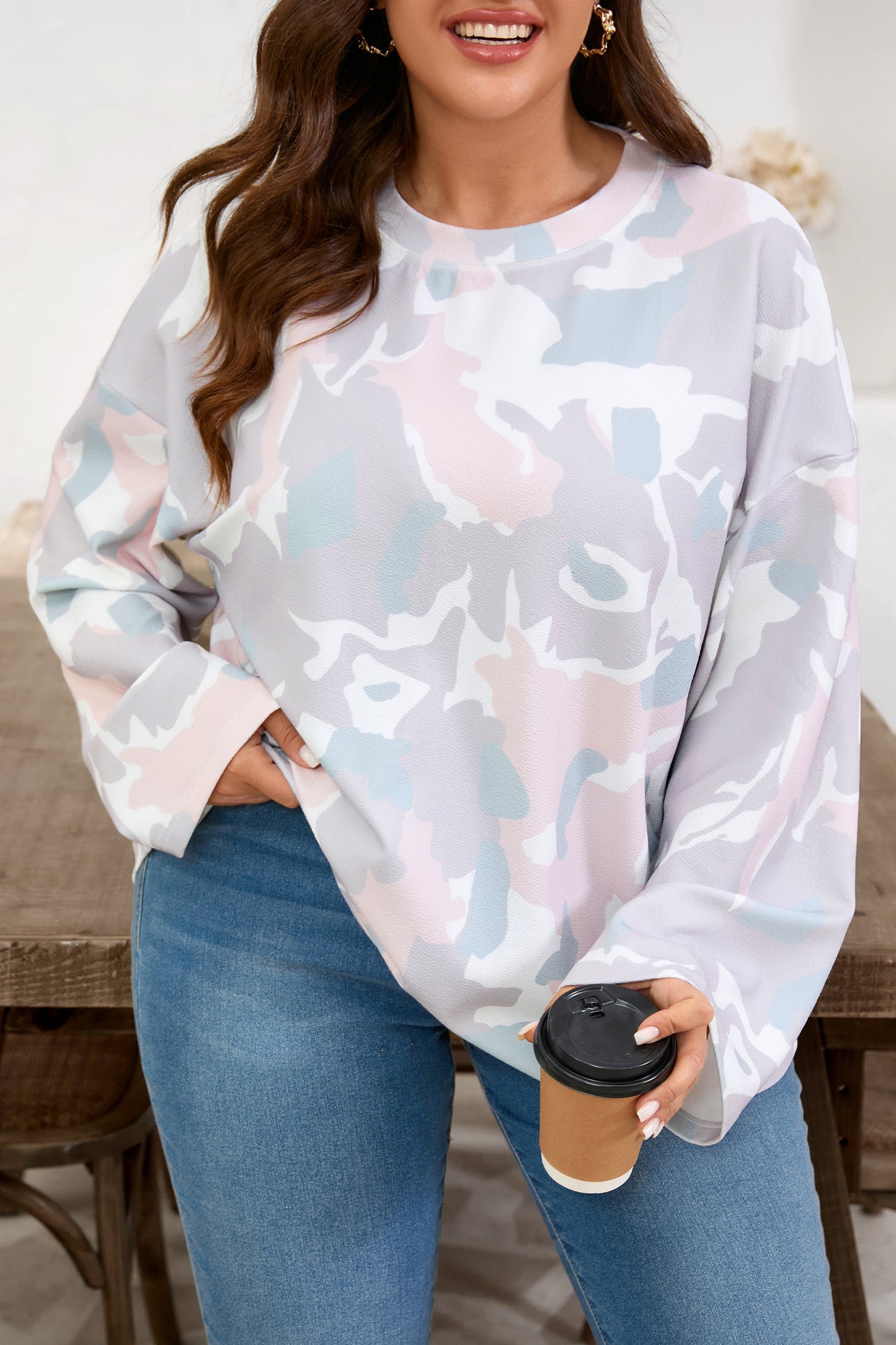 Pastel Camo Drop Shoulder Loose Pullover Top | Plus Size | 1X–4X