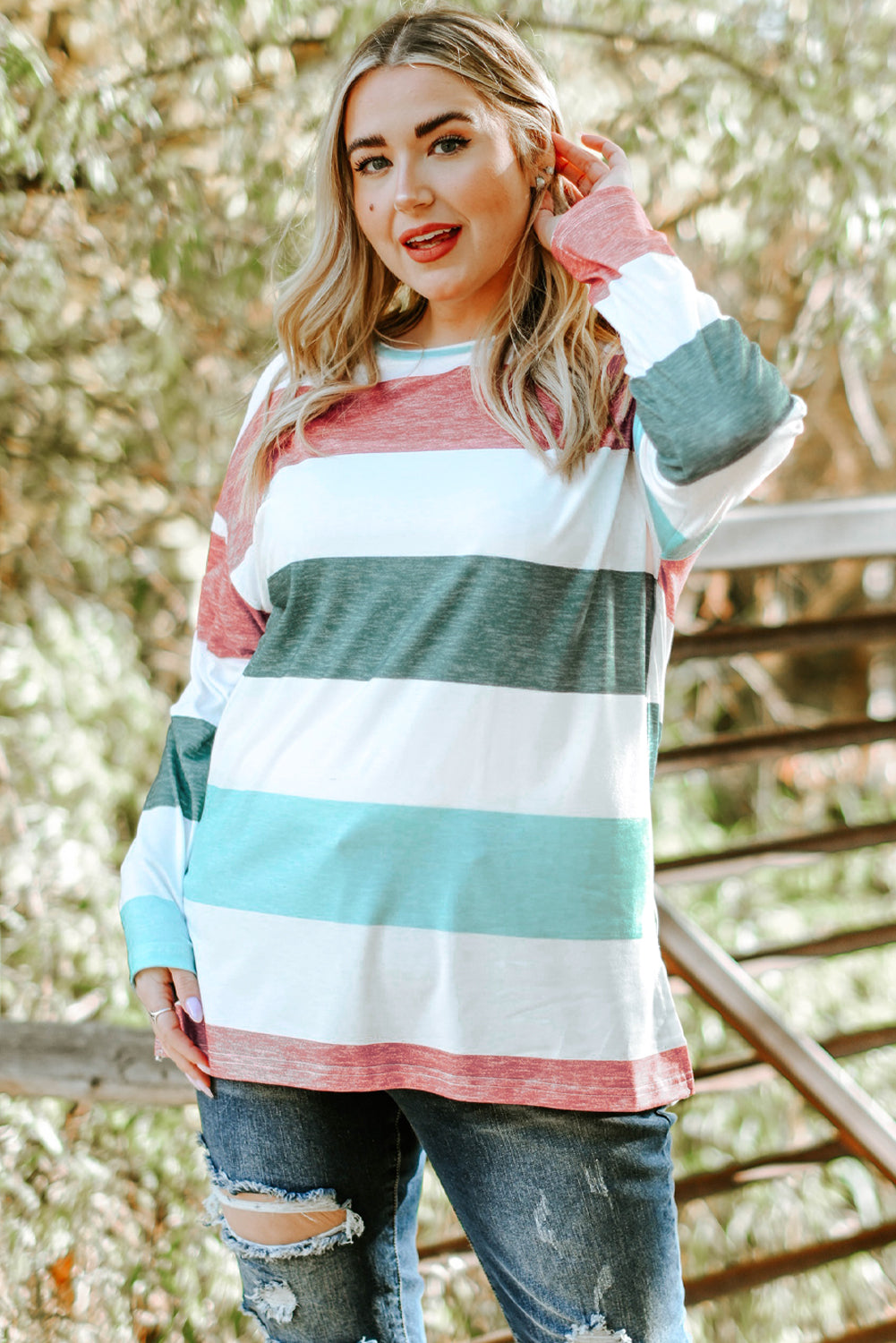 Plus Size Striped Long Sleeve Top Women Multicolor 1X–4X