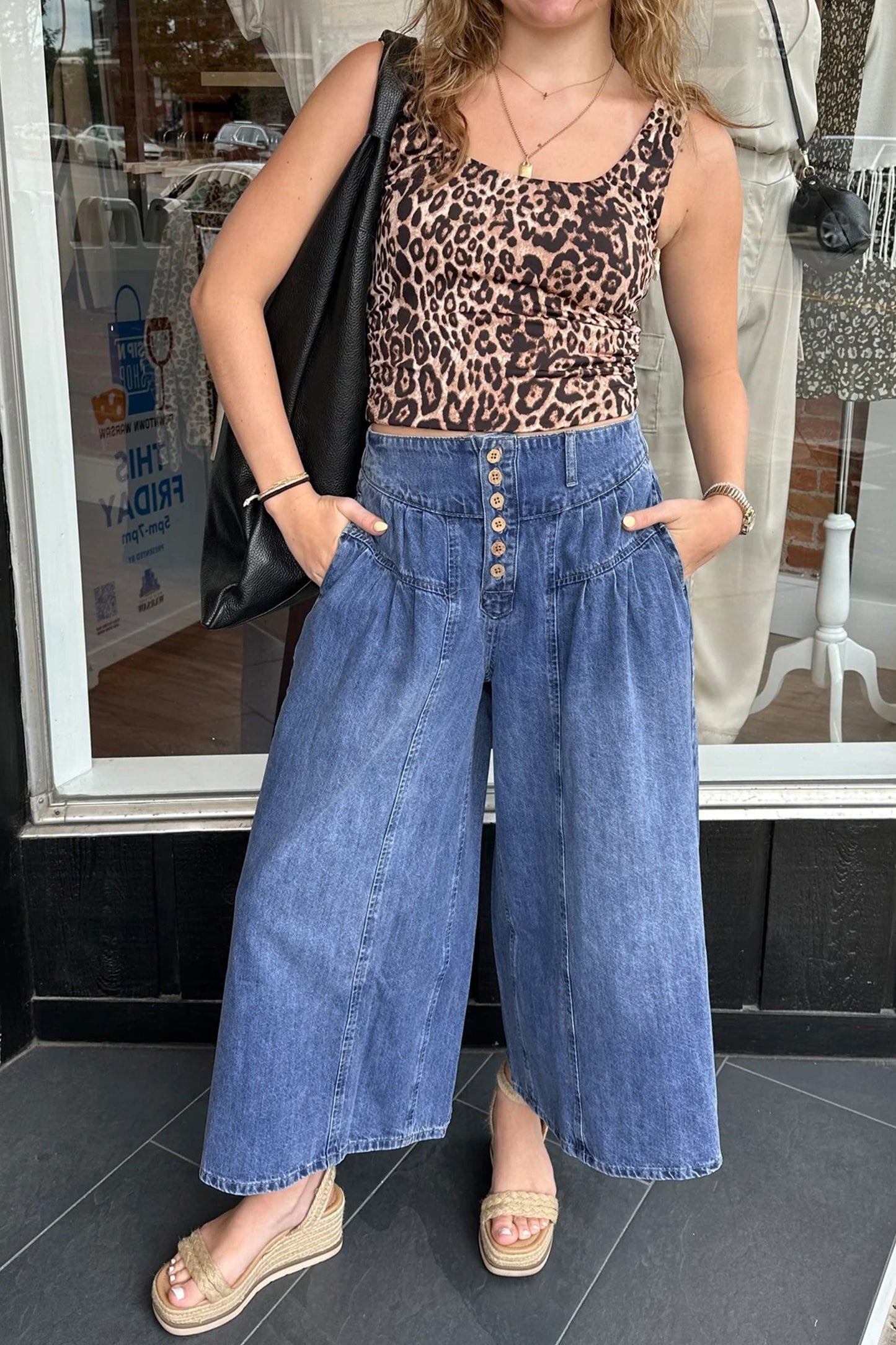 High-Rise Pleated Wide-Leg Cropped Denim Jeans | Dusk Blue