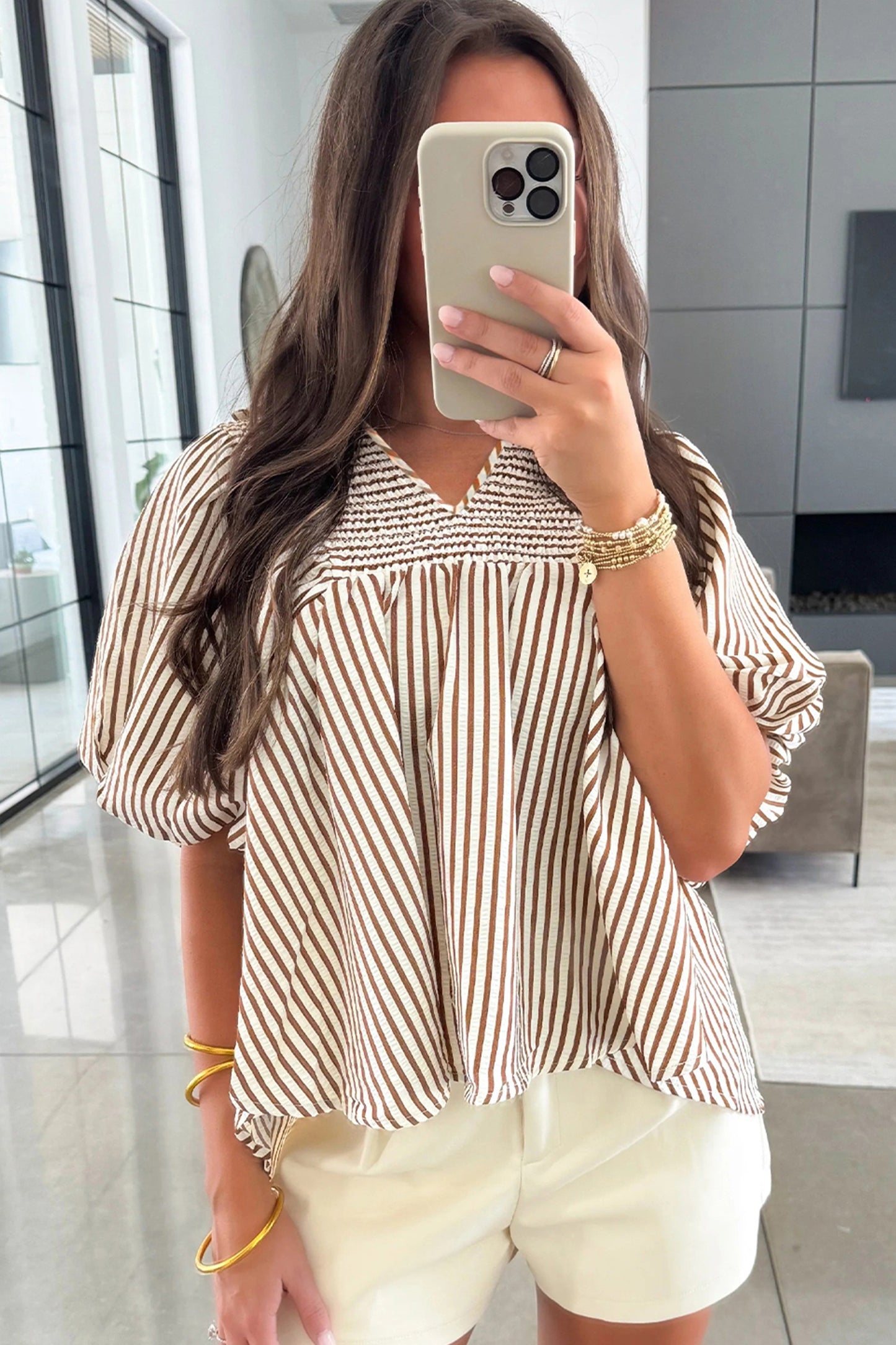 Striped Shirred V-Neck Blouse with Puff Sleeves | Brown