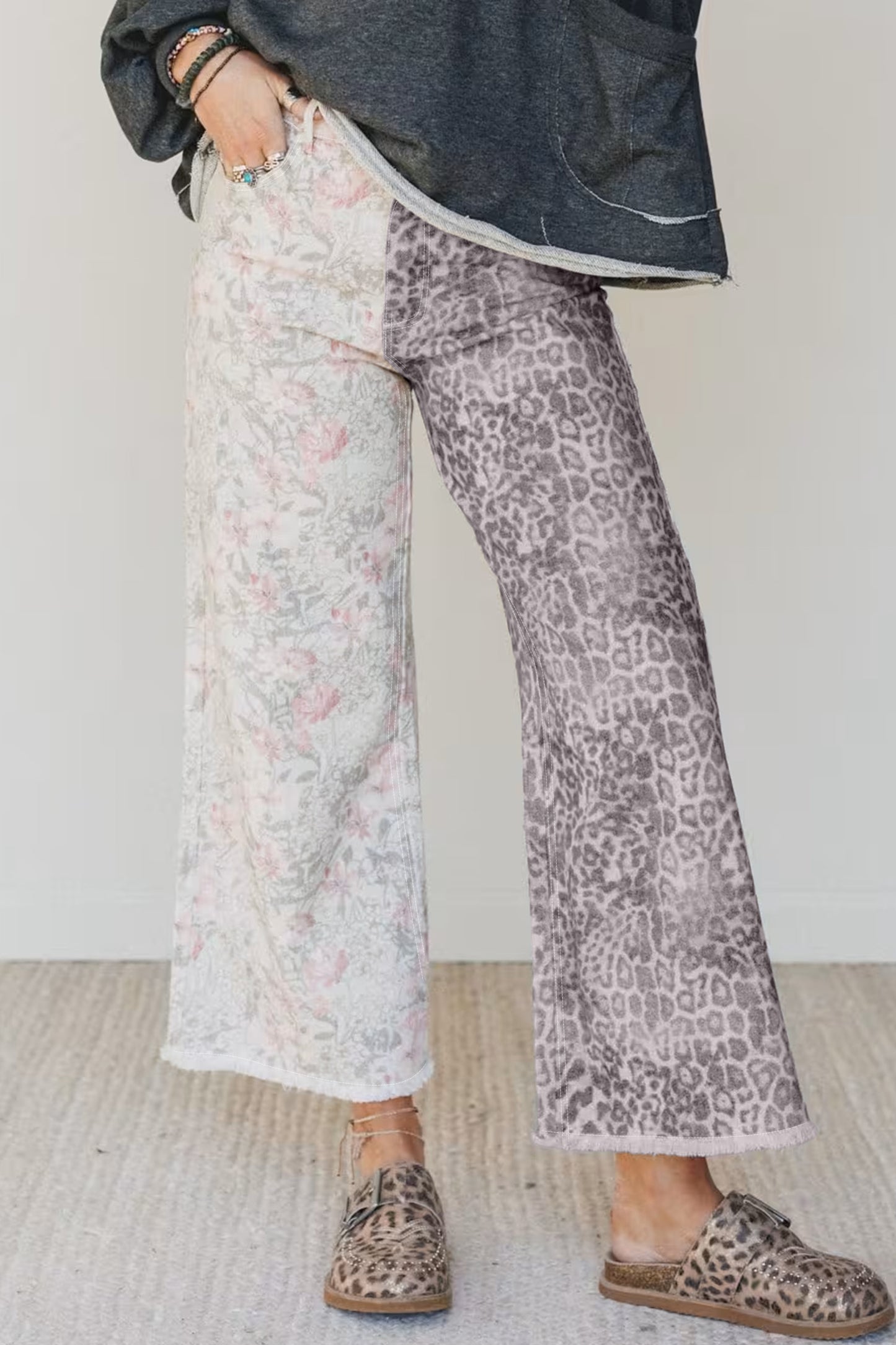 Cropped Wide Leg Jeans Retro Floral Leopard Patchwork Raw Hem Women Size 4–16