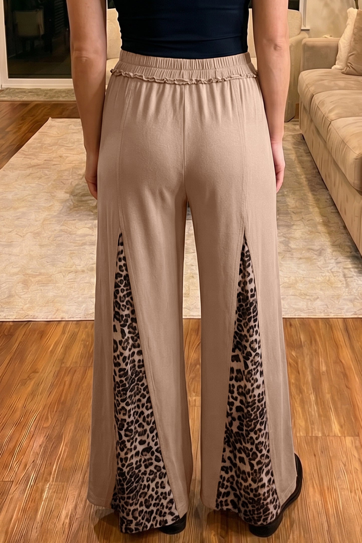 Mineral Wash Leopard Patchwork High Waist Wide Leg Pants in Tan