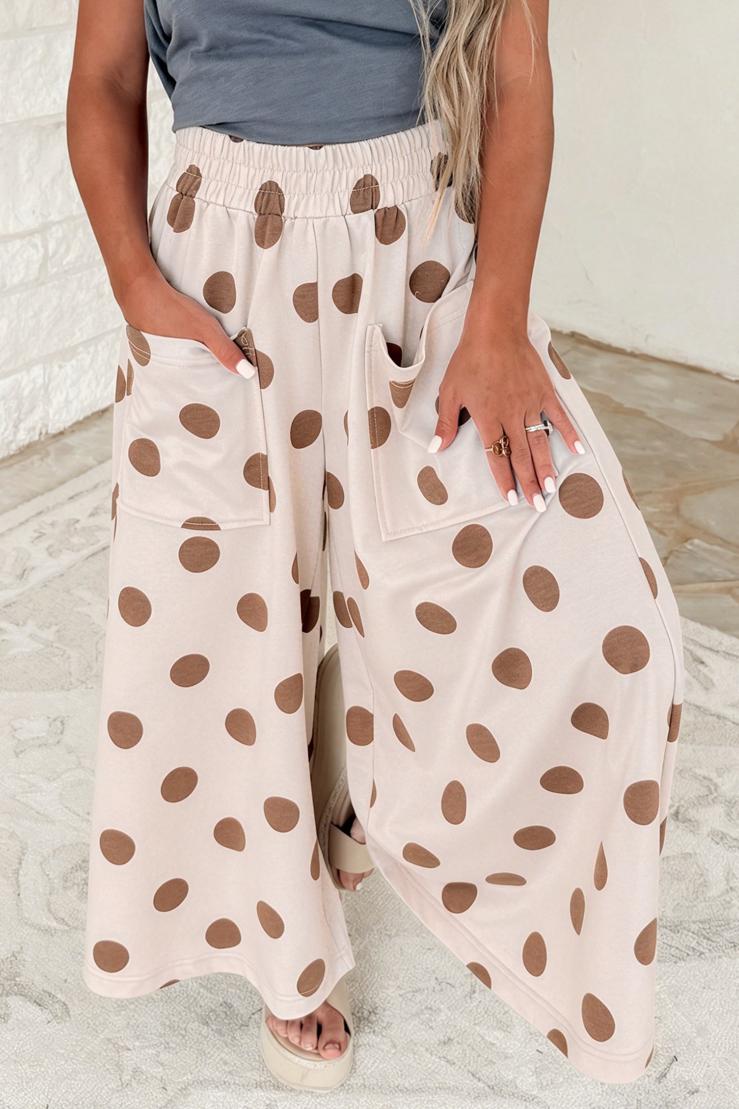 Women's Polka Dot Wide Leg Elastic Waist Pants S to XL