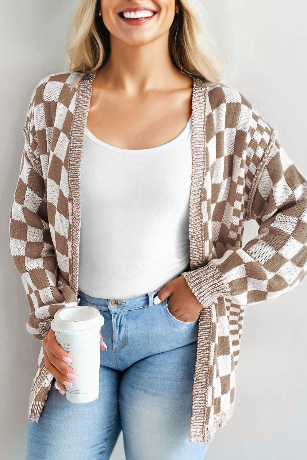 Plus Size Checkered Bubble Sleeve Open Cardigan Women 1X–4X
