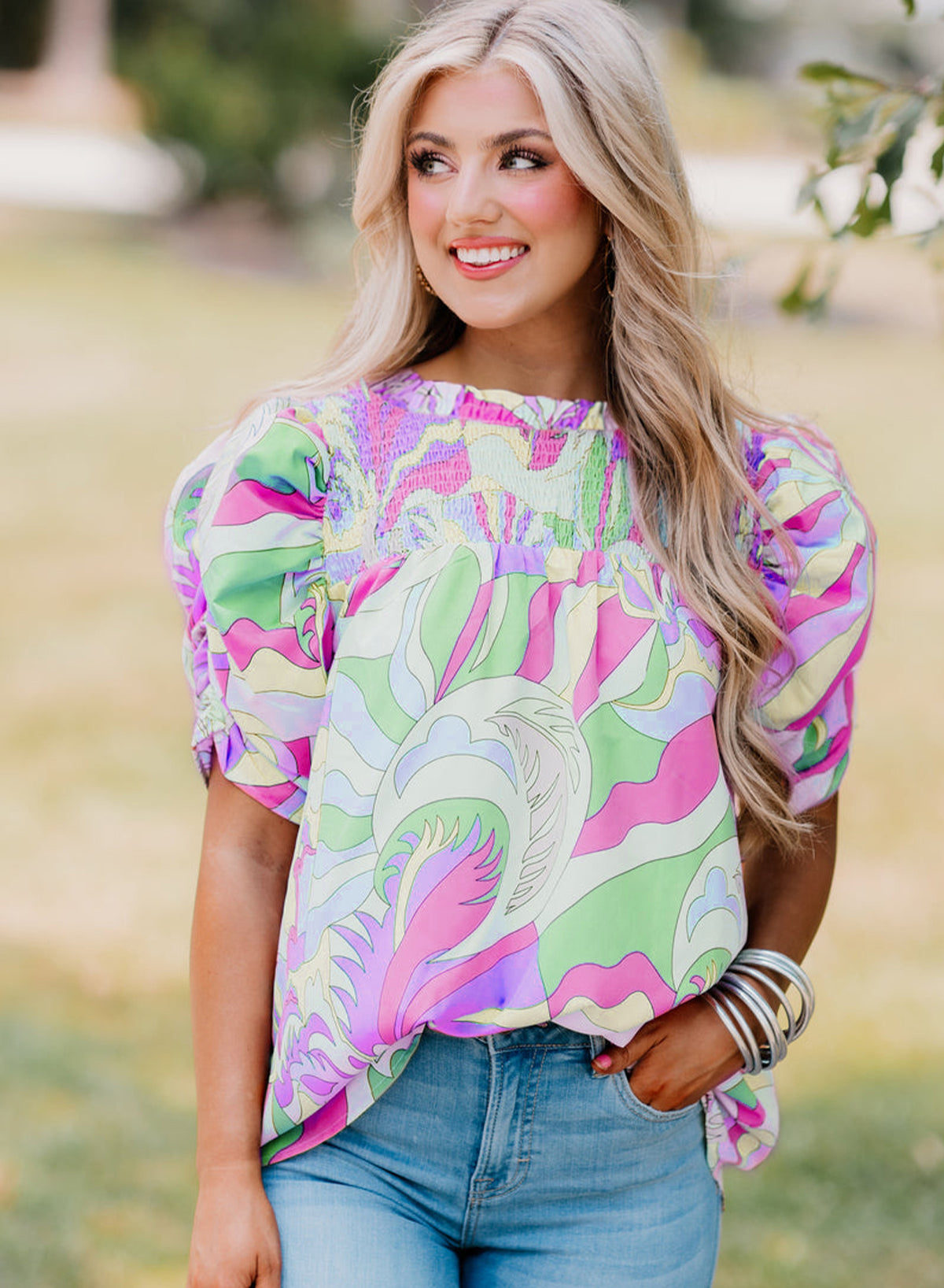 Mint Green Abstract Print Bubble Sleeve Smocked Neckline Blouse | S–XL
