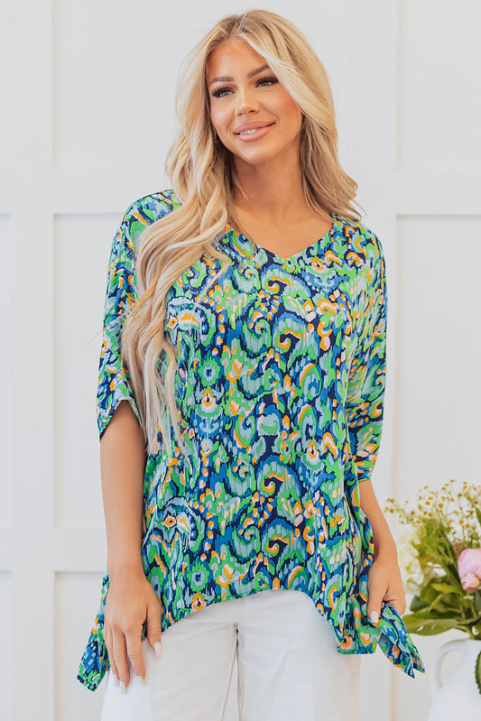 Green Abstract Print V-Neck Half Sleeve Loose Fit Tunic Blouse – Women's Relaxed Top (S–XL)