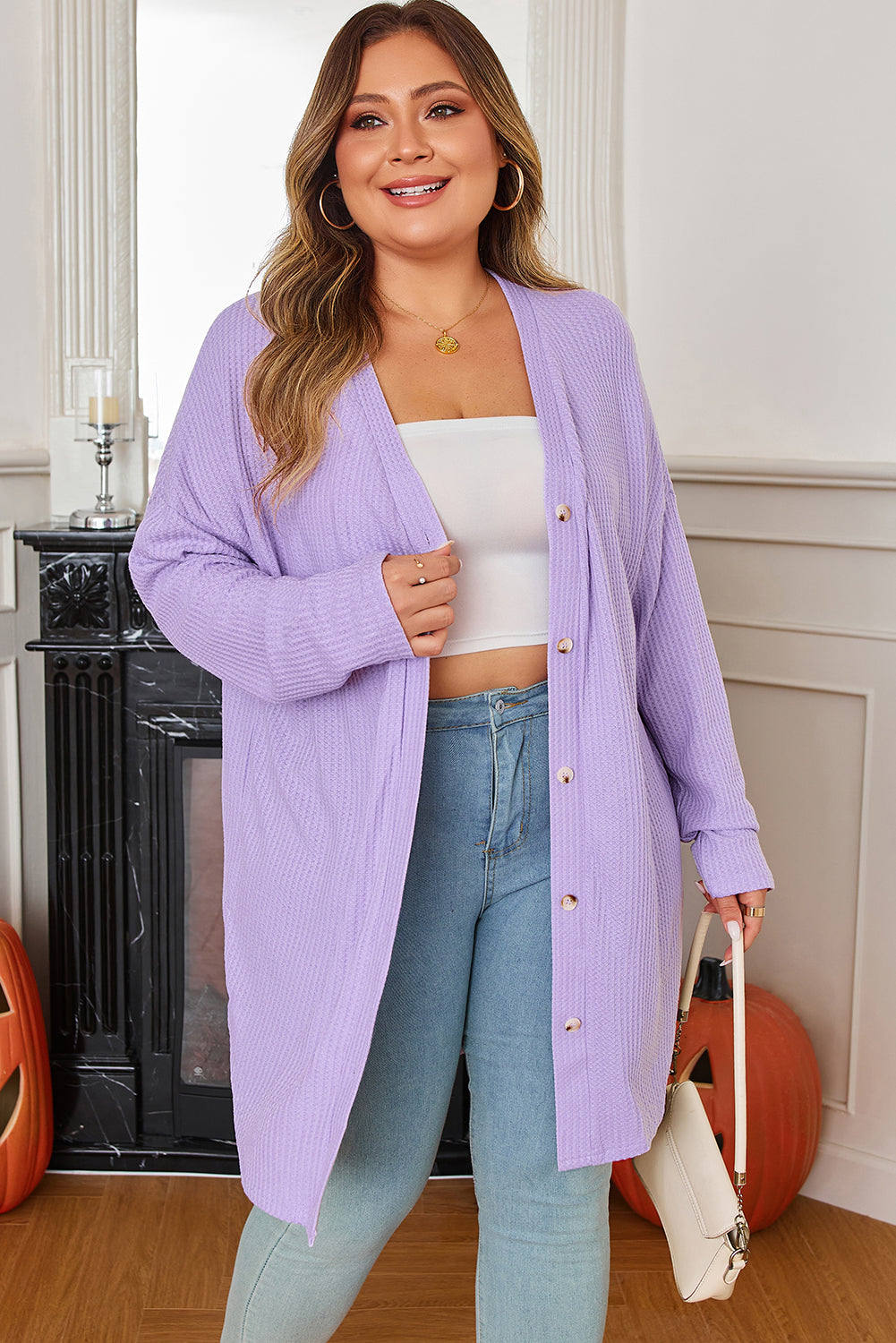 Waffle Knit Button-Front Drop Shoulder Cardigan | Plus Size | Orchid Petal | 1X–4X