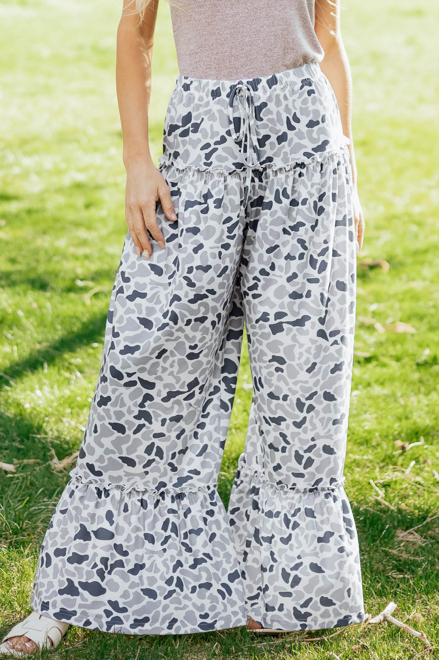 Beige Camo Print Elastic Waist Wide Leg Pants | S–XL